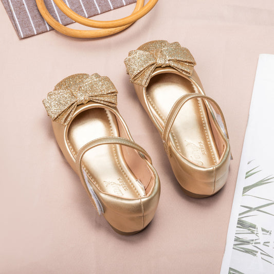 Girls Gold Bow Glitter Shoes – Sparkly Princess Shoes | Twinkle Bell - Gold