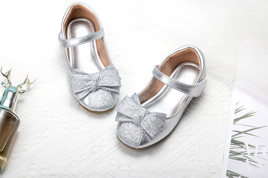 Girls Silver Bow Glitter Shoes – Sparkly Princess Shoes | Twinkle Bell - Silver